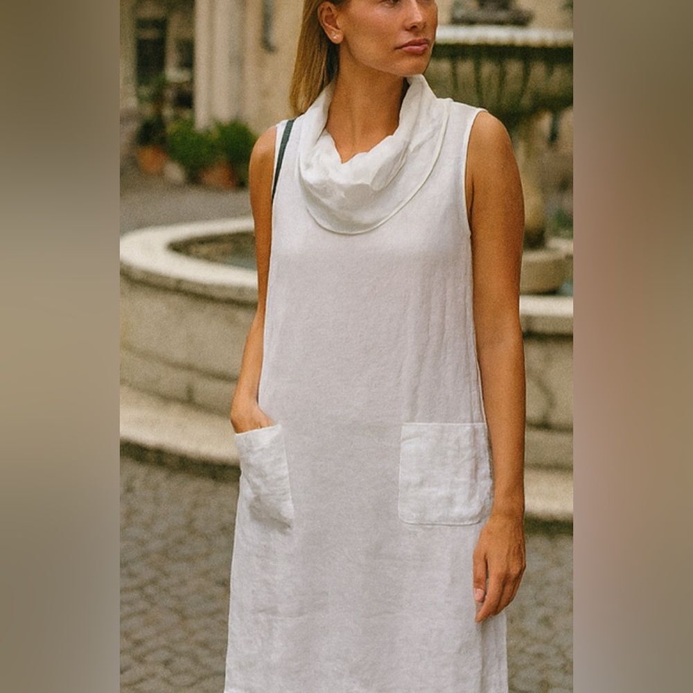 Vasna White Cowl Neck Cotton Linen Blend Sleeveless Dress M Lagenlook